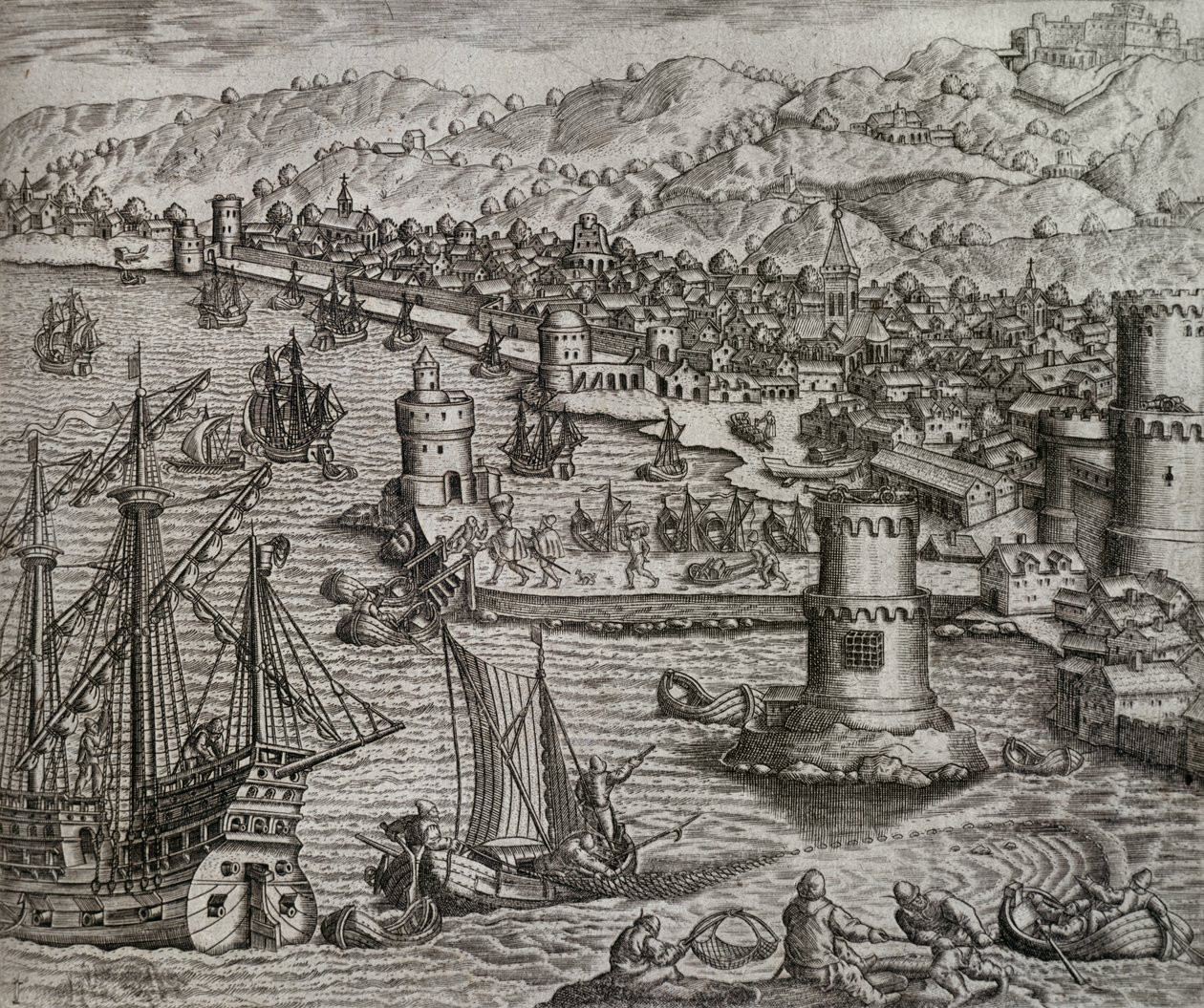 Girolamo Benzoni érkezése Las Palmas kikötőjébe amerikai útja során (1541), Kanári-szigetek, Theodor de Bry (1528-1598) metszete. alkotó: Theodore de Bry