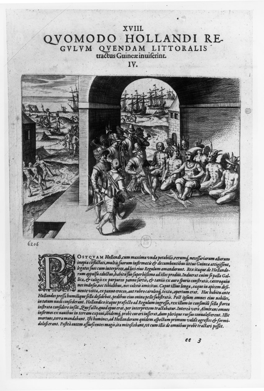 A holland vezetők érkezése Guineába: Tárgyalások a spanyol hódítóknak visszaadandó rabszolgák megvásárlásáról, a "Petits Voyages", 1585-88 alkotó: Theodore de Bry