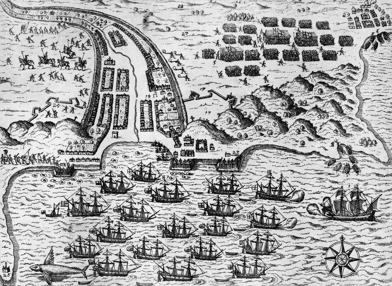 Támadás Santiago ellen 1585. november 27-én (metszet) alkotó: Theodore de Bry
