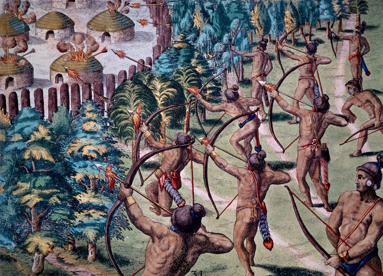 Támadás a falu ellen lángoló nyilakkal, metszet a narrációból Floridában alkotó: Theodore de Bry