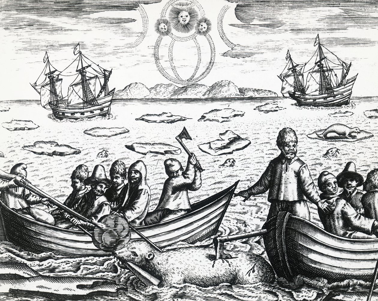 Aurora borealis és fehér medve vadászata William Barents (kb. 1550-1597) harmadik expedíciója során az Északkeleti Átjárót kereső 1596-ban, Theodor de Bry (1528-1598), metszet alkotó: Theodore de Bry