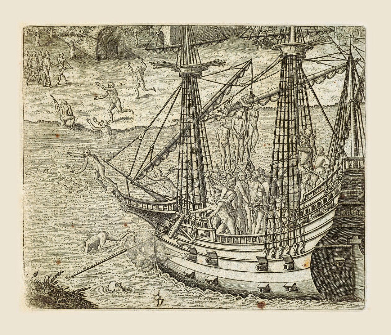 Bartolomeo Diaz néhány indiánt akaszt karavellára, metszet: Theodor de Bry (1528-1598) Amerikából alkotó: Theodore de Bry