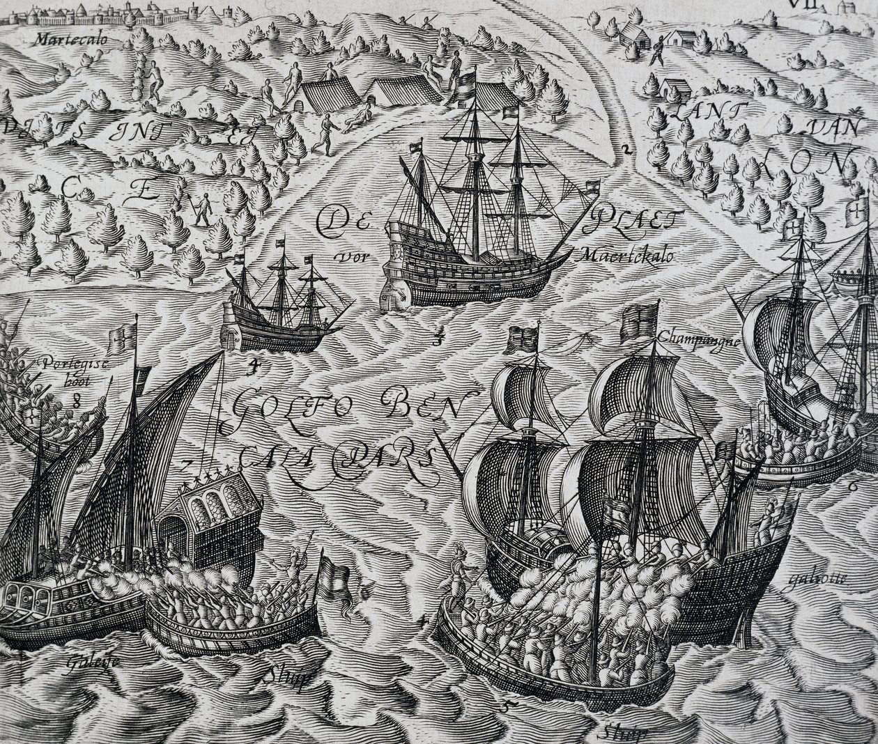 Csata Matical városa előtt a Bengáli-öbölben, Indiae Orientalis metszete, Theodor de Bry (1528-1598) alkotó: Theodore de Bry