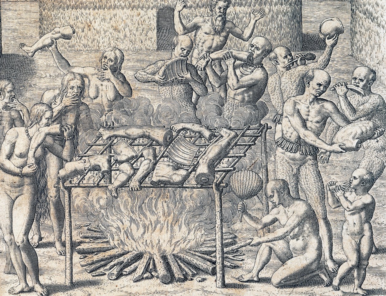 A törzsek kannibalizmusa Brazília belsejében, metszet az amerikai történelemből, Theodore de Bry (1528-1598), Frankfurt, Dél-Amerika alkotó: Theodore de Bry