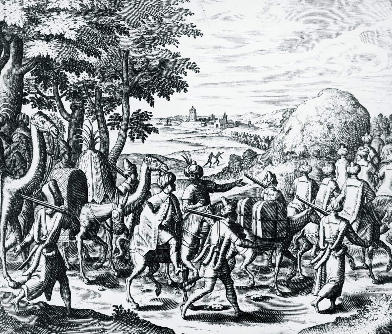 Arab kereskedők karavánja Aleppóból Bászrába utazva, metszet Grands and Petits Voyages, Theodor de Bry (1528-1598), Közel-Kelet alkotó: Theodore de Bry