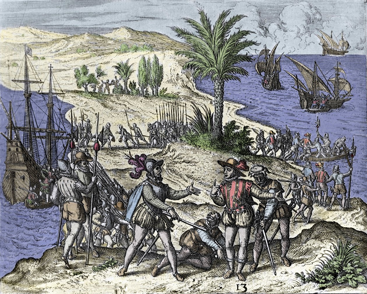 Kolumbusz Kristóf és testvére 1500-ban letartóztatta Francisco de Bobadilla. Metszet Théodore de Bry (1528-1598). alkotó: Theodore de Bry