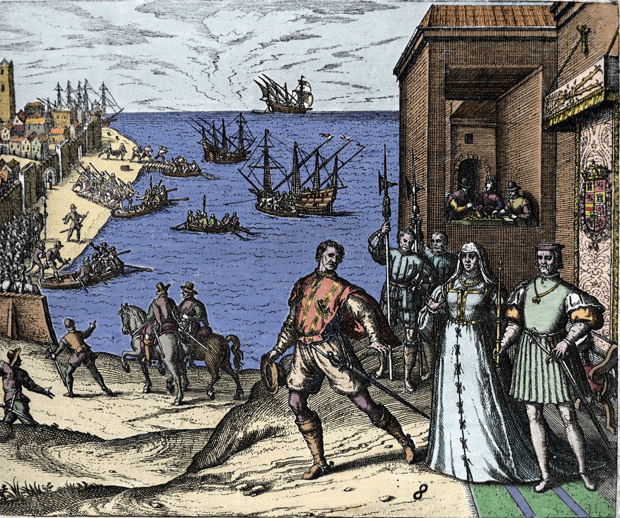 Kolumbusz Kristóf és a Pinzon fivérek 1492.08.03-án elhagyják a spanyolországi Palos kikötőjét az Újvilágba. Jobb oldalon Portugália királya és királynője II. Ferdinánd Aragóniai katolikus és Izabella Iere kasztíliai. Theodore de Bry metszete az „” Admiran alkotó: Theodore de Bry