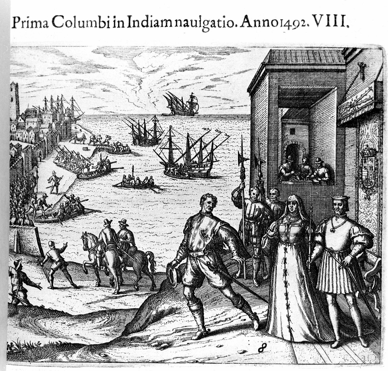 Kolumbusz Kristóf és a Pinzon fivérek 1492.08.03-án elhagyják a spanyolországi Palos kikötőjét az Újvilágba. Jobb oldalon Portugália királya és királynője II. Ferdinánd Aragóniai katolikus és Izabella Iere kasztíliai. Theodore de Bry metszete az „” Admiran alkotó: Theodore de Bry