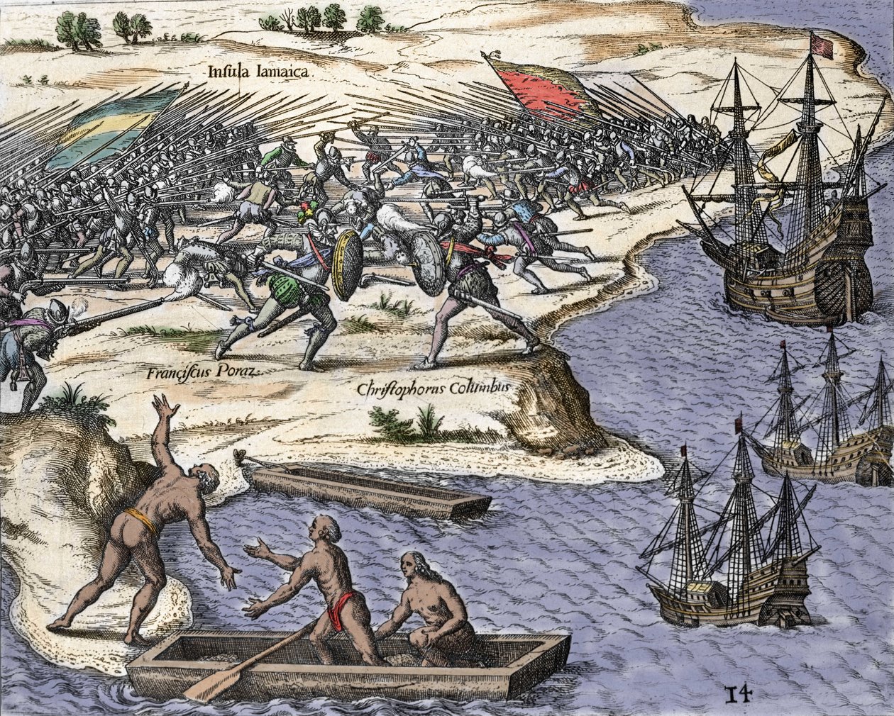 Kolumbusz Kristóf negyedik jamaicai útja 1502-1504-ben: csata Francisco Poraz ellen. Metszet Theodor de Bry (1527-1598) „Historia Americae sive Novi Orbis” című művéből, Amszterdam 1594. alkotó: Theodore de Bry