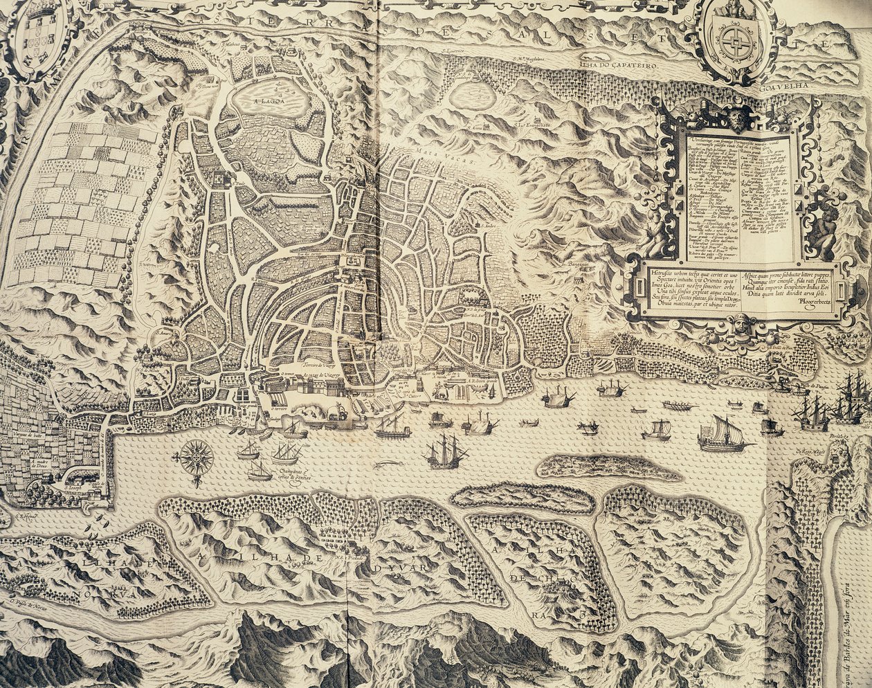 Goa városa Indiában, Theodor de Bry (1528-1598) metszete Jan Huyghen van Linschoten tengerész portugál Kelet-Indiába 1579-1592 közötti utazásának utazási beszámolójából, XVI. alkotó: Theodore de Bry