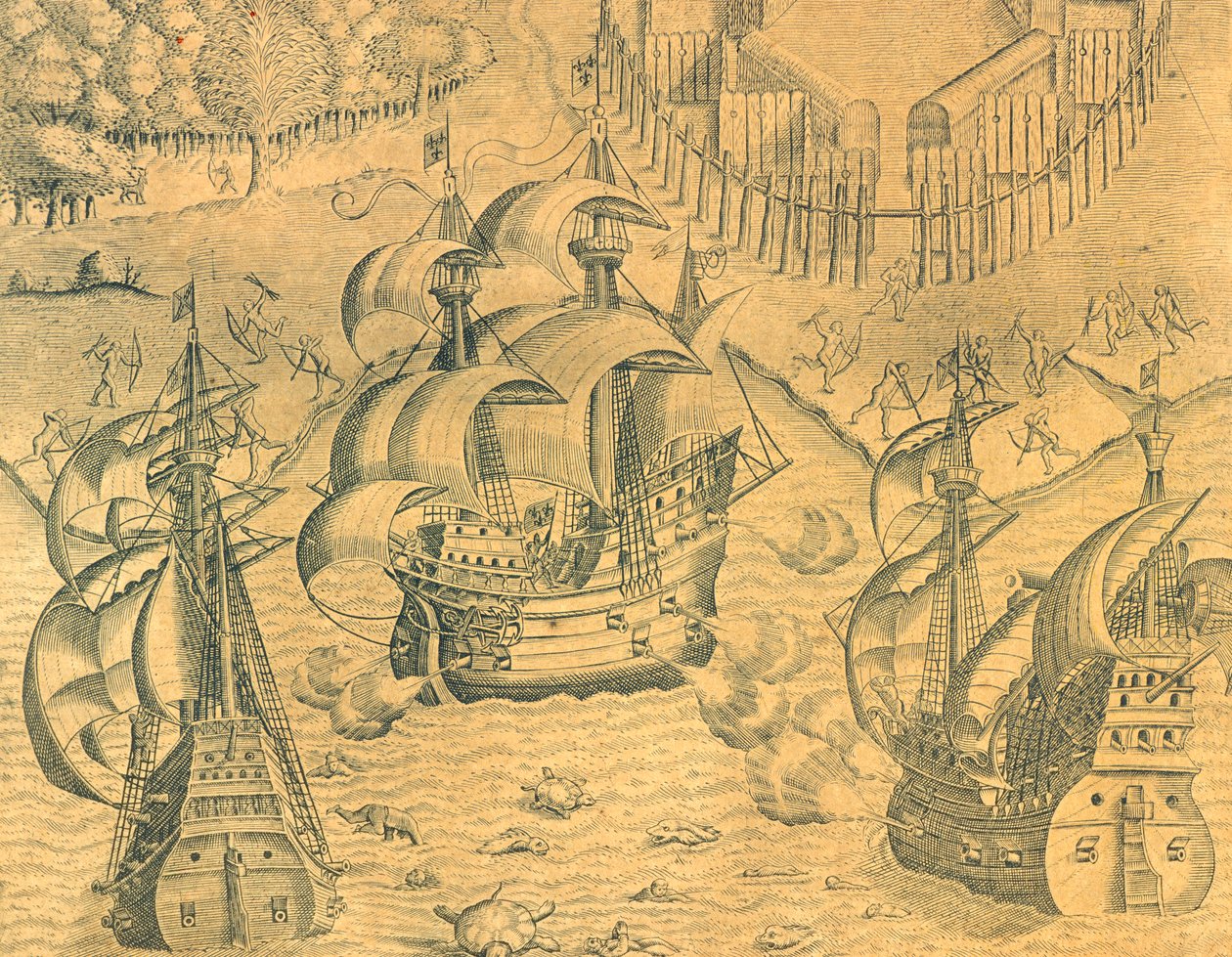 Francia és portugál hajók összecsapása az Atlanti-óceánon Brazília birtoklásáért, Theodore de Bry illusztrációja az amerikai történelemből alkotó: Theodore de Bry