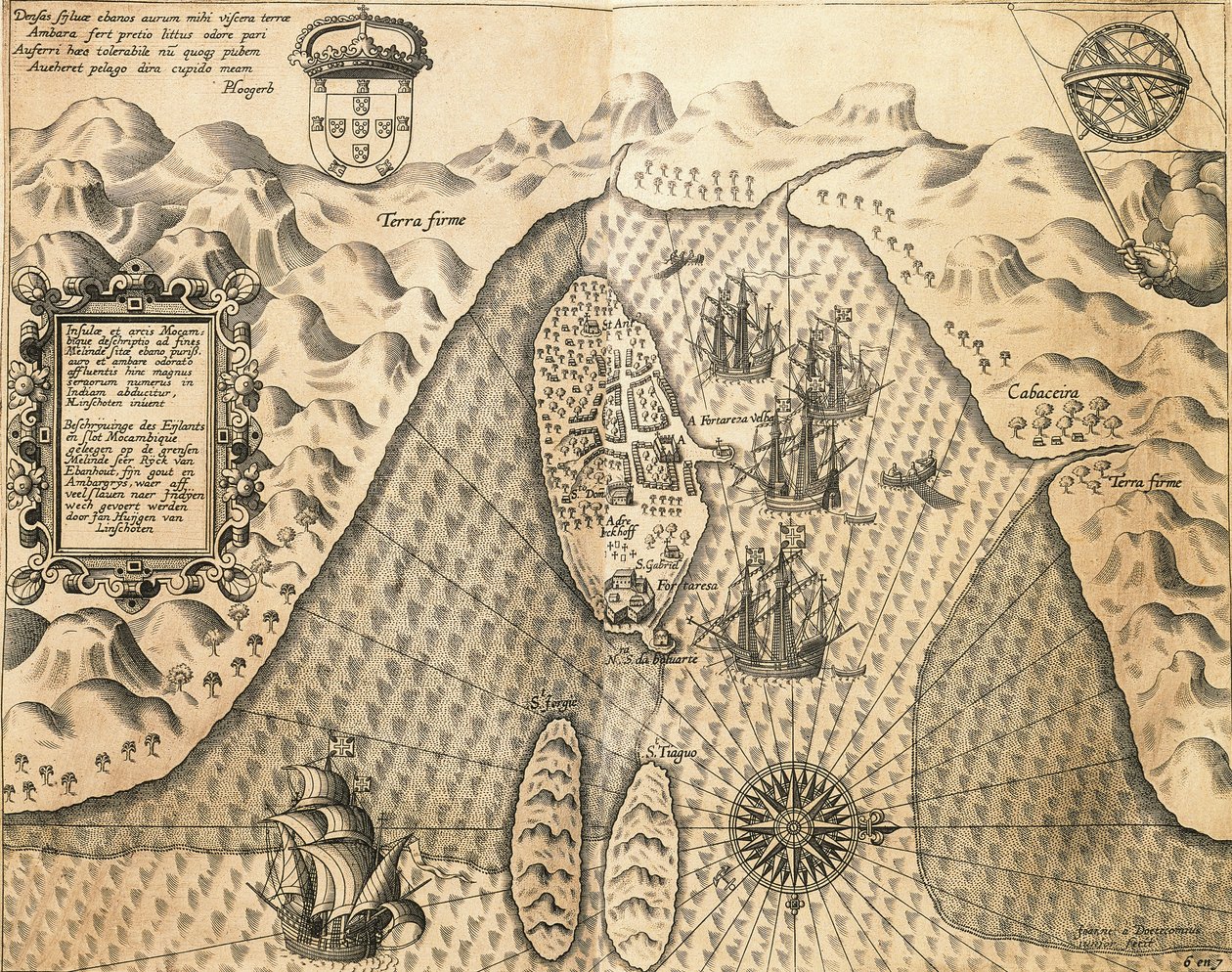 Mozambik partjai innen, Kelet-India, Johannes Hugonis Linschooten és Theodore de Bry, metszet alkotó: Theodore de Bry