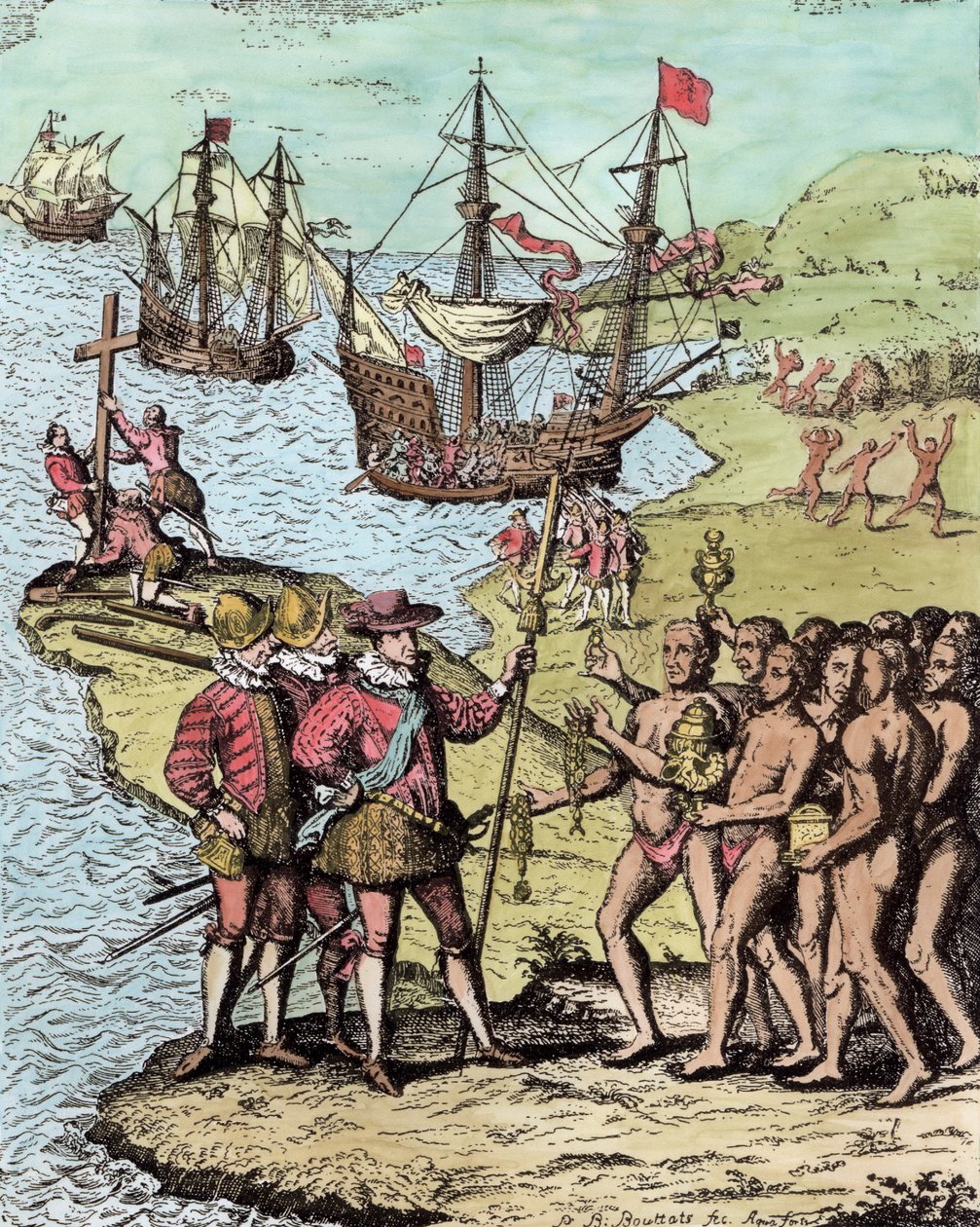 Columbus at Hispaniola, a „The Narrative and Critical History of America”-ból, szerkesztette Justin Winsor, London, 1886 (későbbi színezés) alkotó: Theodore de Bry