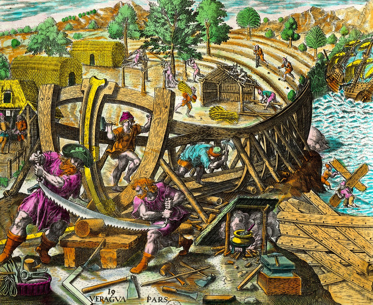 Hajó építése Vasco Nunez de Balboa (1475-1517) spanyol hajós számára. Metszet Theodore de Bry (1528-1598) „Amerika történelméből” 16. század. Magángyűjtemény alkotó: Theodore de Bry