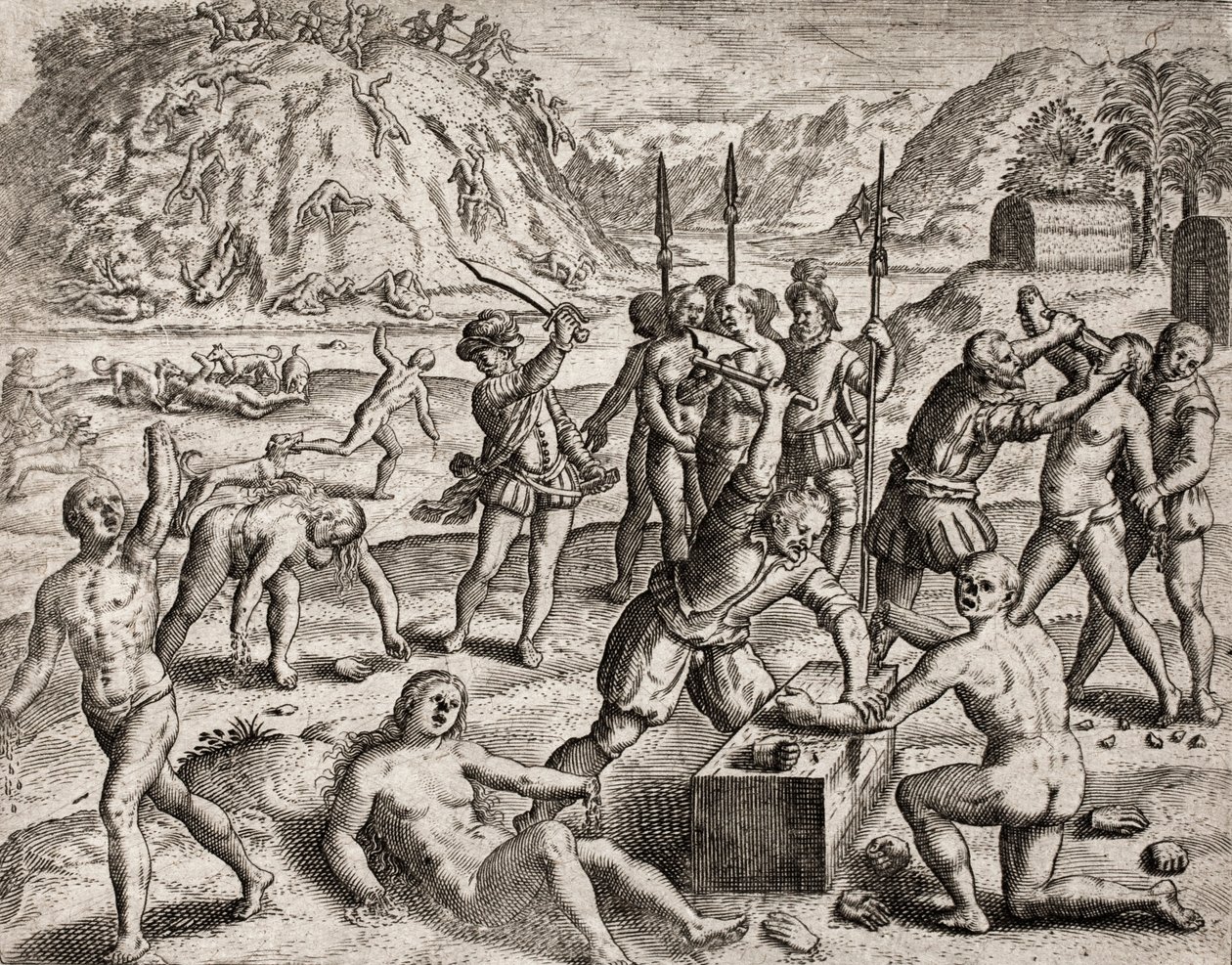 A spanyol telepesek által indiánokkal szemben elkövetett bűncselekmények leírása - Konkvisztádorok lemészároltak egy indián falut. Amputations des mains – Theodore de Bry metszete: „A spanyolok legelragadottabb indiánjainak elbeszélése”, Bartolome d. alkotó: Theodore de Bry