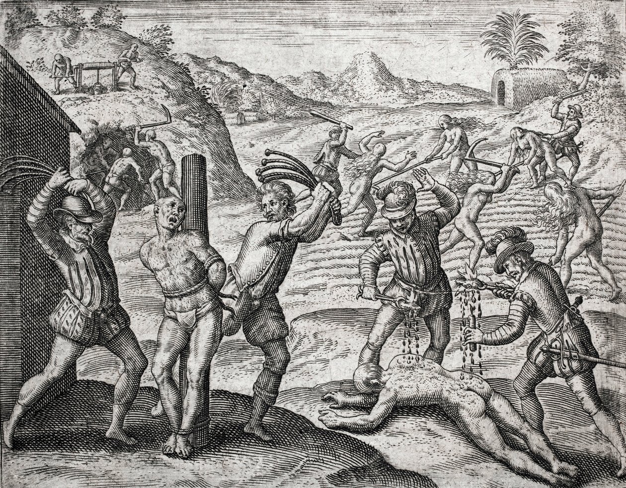 Spanyol telepesek által indiánokkal szemben elkövetett bűncselekmények leírása – indiánokat kínzó spanyolok – Theodore de Bry metszete Bartolome de las Casas (1484-1566) „Brevisima Relacion de la Destruction de las Indias” című művében alkotó: Theodore de Bry