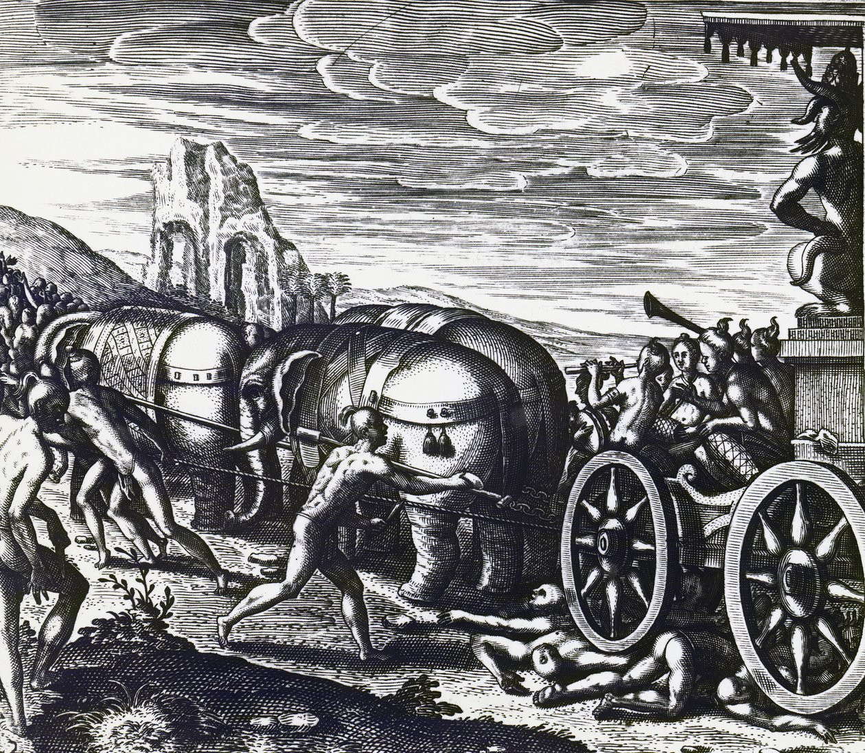 Theodor de Bry (1528-1598) metszetével a bhaktákat szekér zúzta össze bálványmenet közben alkotó: Theodore de Bry