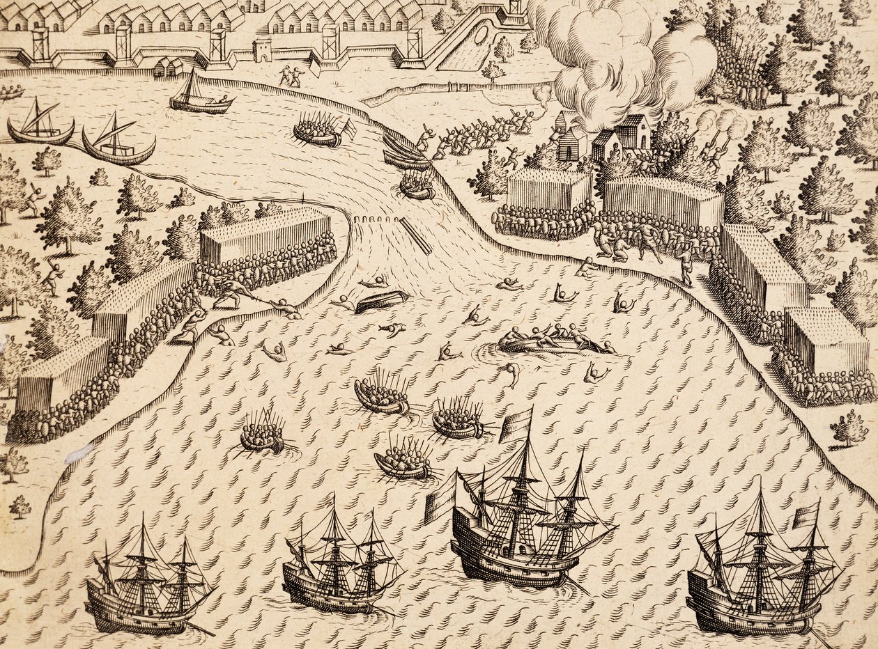 Hollandok érkezése a jávai Madura-szigetre, metszet az India Orientalis művéből, Theodor de Bry (1528-1598), Indonézia alkotó: Theodore de Bry