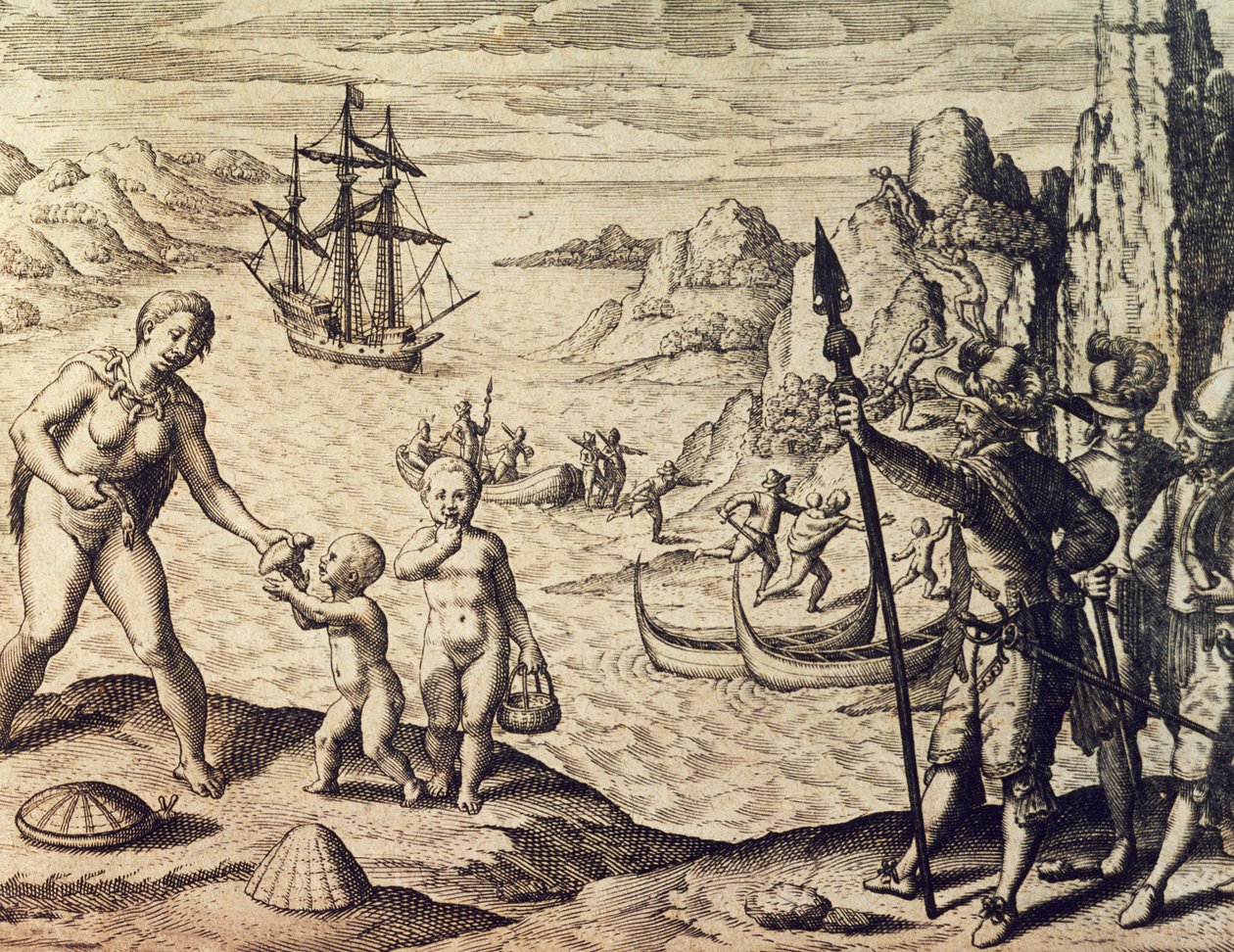 Sebalt de Weert holland kapitány partra száll Guyana partjainál, a Historia americae-ből, Theodor de Bry (1528-1598), Frankfurt alkotó: Theodore de Bry