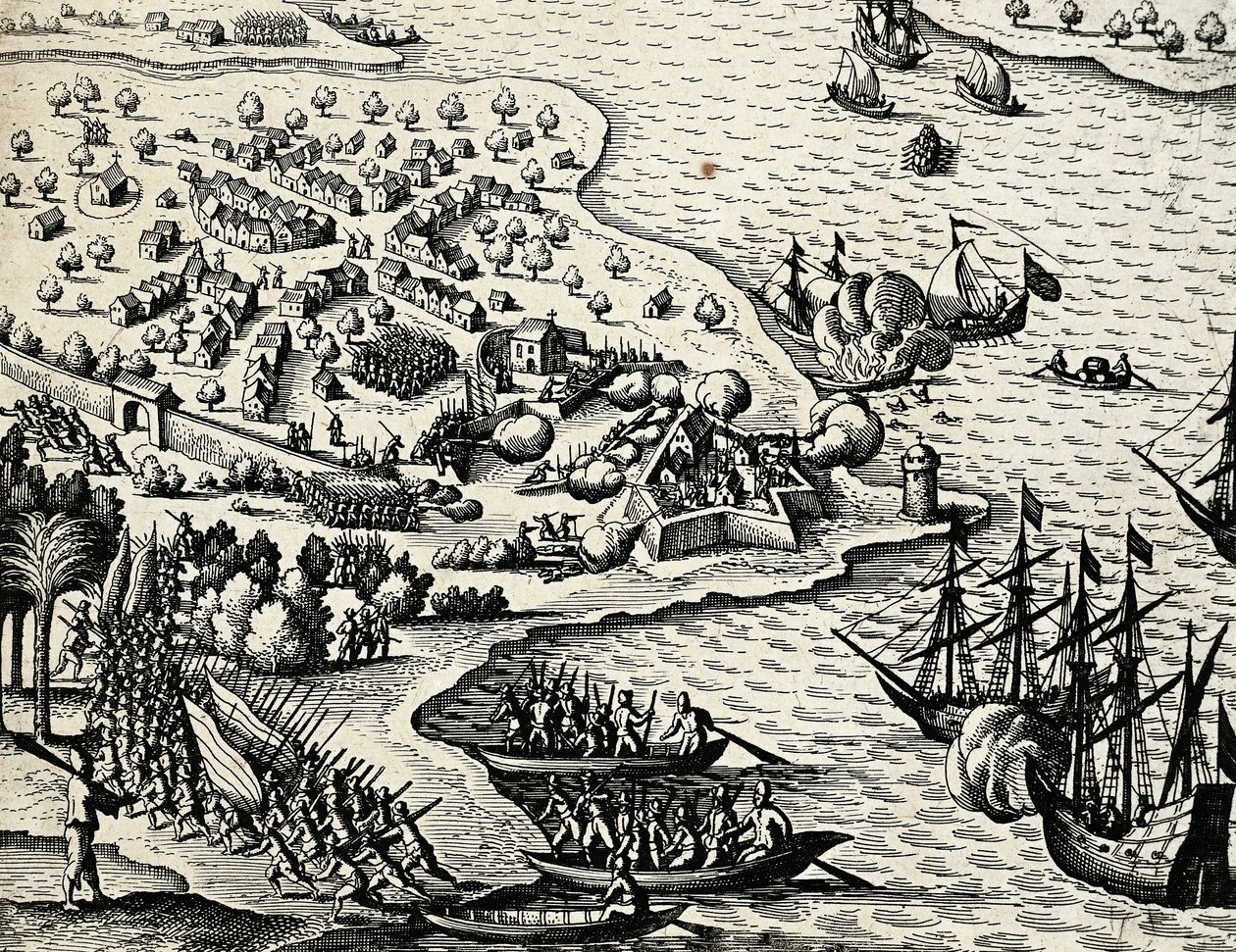 Holland expedíció Mozambik partjai mentén, Theodor de Bry (1528-1598) metszet India orientalisból alkotó: Theodore de Bry