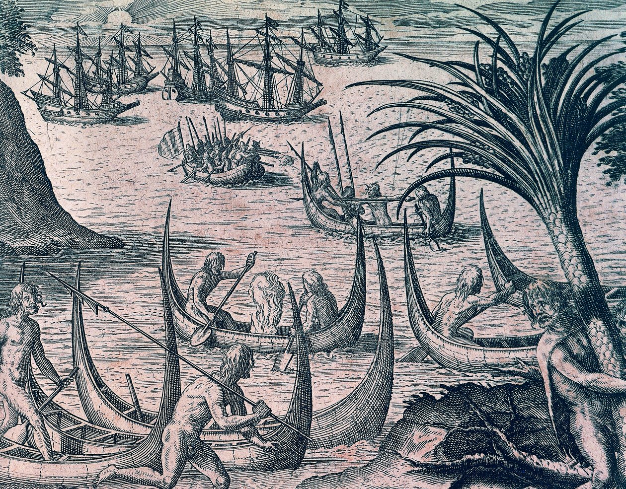 Holland hajók a Magellán-szorosban, metszet az amerikai történelemből, Theodore de Bry (1528-1598), Frankfurt alkotó: Theodore de Bry