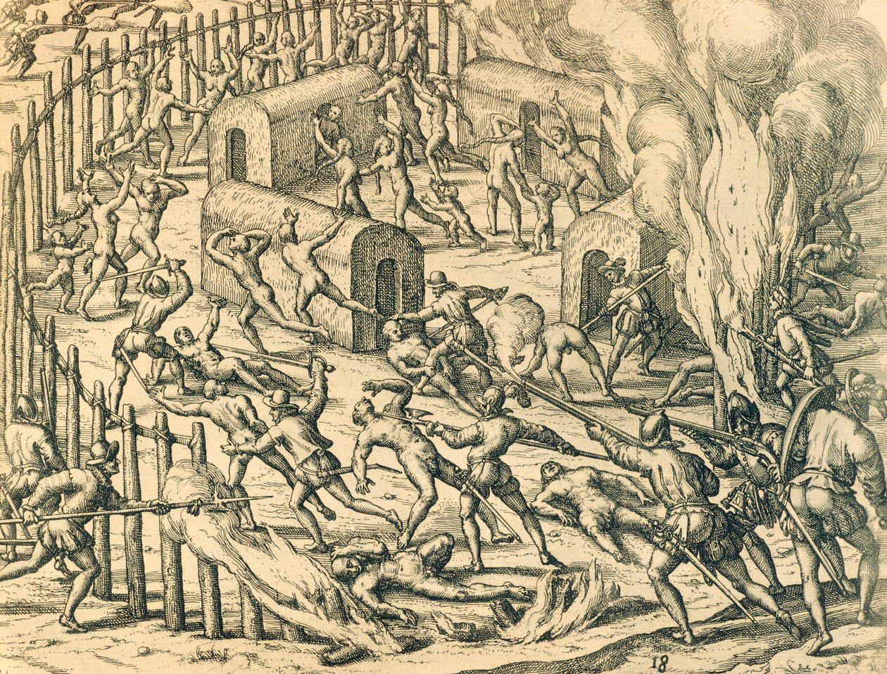 Európai hódítók megtámadnak egy indián falut, Theodore de Bry illusztrációja az amerikai történelemből alkotó: Theodore de Bry