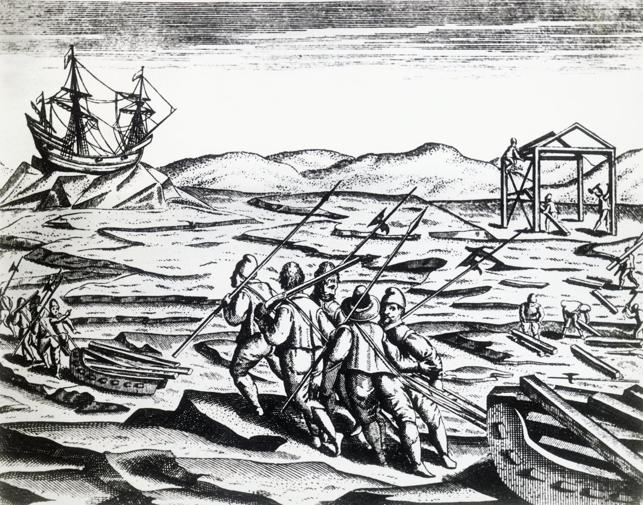 William Barents (kb. 1550-1597) által vezetett expedíció az északkeleti átjárót kereső Peregrinationesből, Theodor de Bry (1528-1598), metszet alkotó: Theodore de Bry