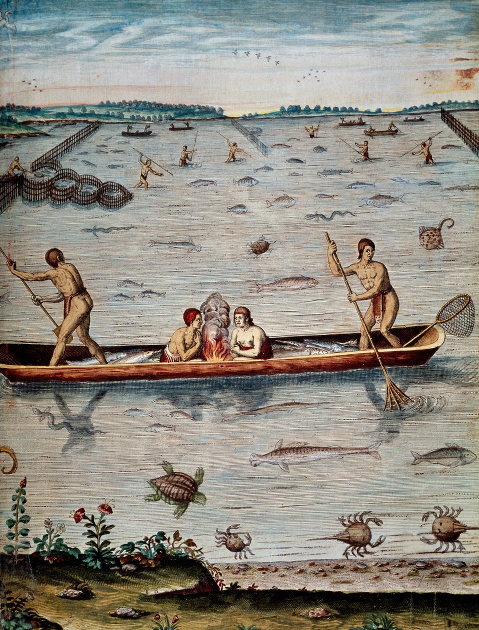 A virginiai bennszülöttek halászati ​​technikái, Theodor de Bry (1528-1598) metszetei alkotó: Theodore de Bry