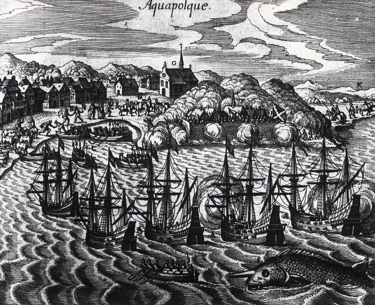 Gályaflotta Acapulco kikötőjében, Theodor de Bry (1528-1598), metszet alkotó: Theodore de Bry