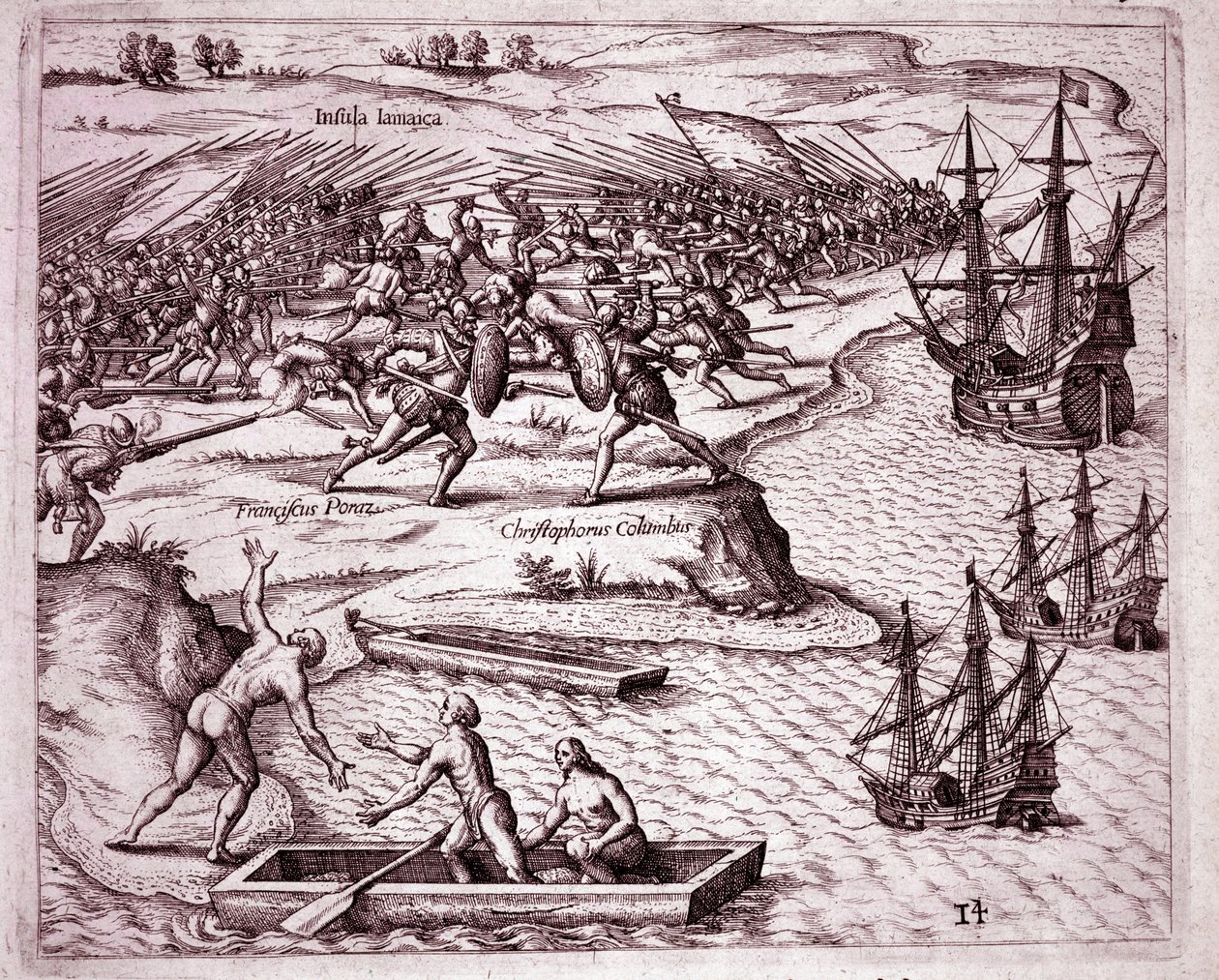 Kolumbusz Kristóf negyedik útja Jamaica szigetén 1503-ban (metszet alkotó: Theodore de Bry