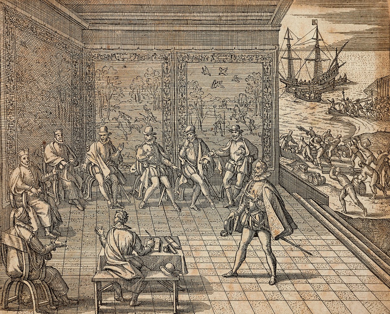 Francisco Pizarro dél-amerikai expedíciójára készül, Theodor de Bry alkotó: Theodore de Bry