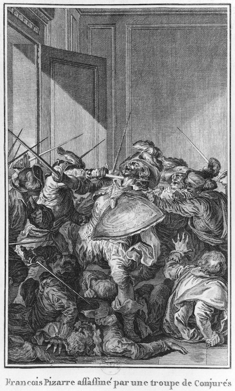 Francisco Pizarro-t meggyilkolta az összeesküvők serege, 1541 alkotó: Theodore de Bry