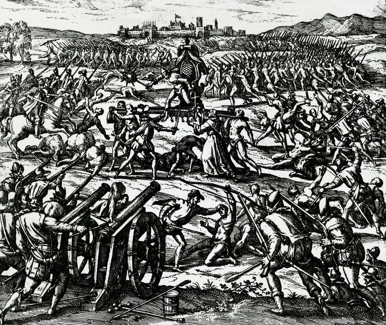 Francisco Pizarro (kb. 1475-1541) csapatai elfogják Atahualpa inka császárt a cajamarcai csata során, november 16-án alkotó: Theodore de Bry