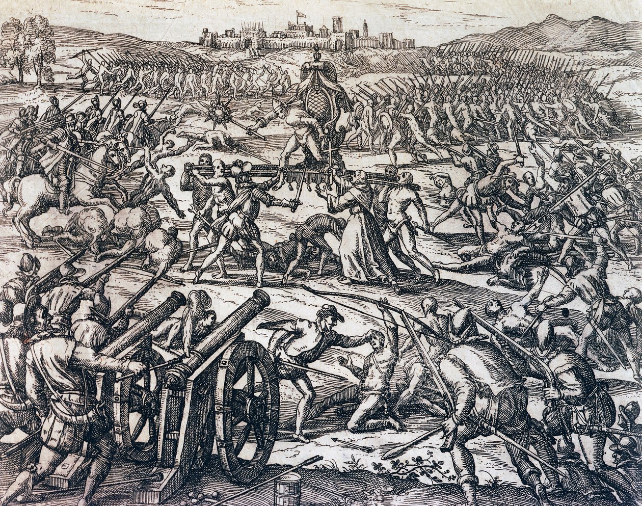 Francisco Pizarro (körülbelül 1475-1541) csapatai elfogják Atahualpa inka császárt a cajamarcai csata során, november 16-án alkotó: Theodore de Bry