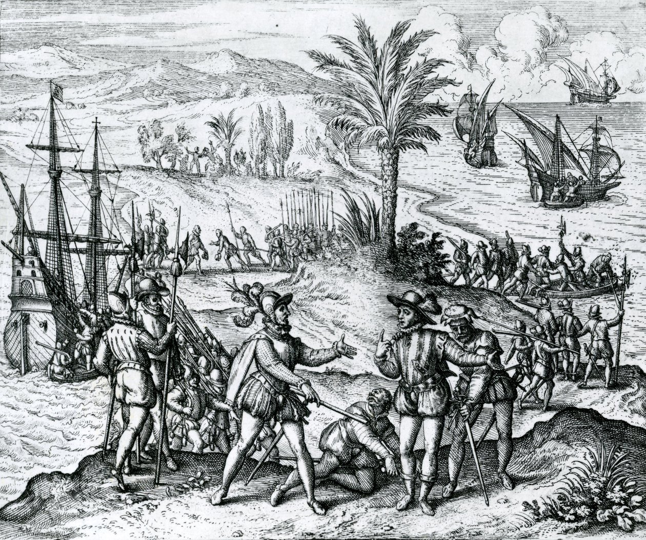 Francisco de Bobadilla megérkezik kormányzónak és letartóztatja Kolumbusz Kristófot (1451-1506) Hispaniolán, 1500, 1590. alkotó: Theodore de Bry