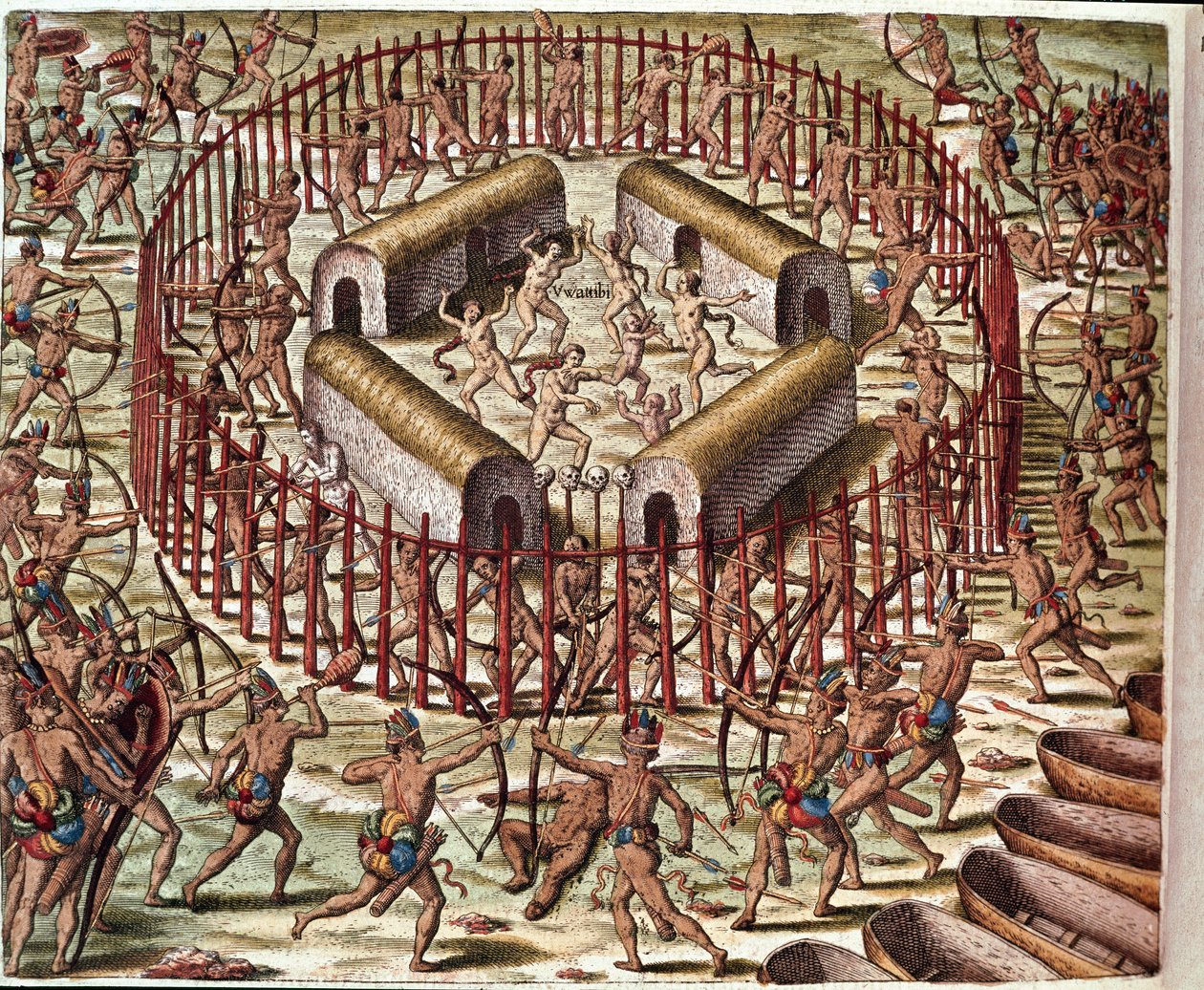 Amerika története: Theodore de Bry (1528-1598) "" Egy indián falu Virginiában"" Metszet az Amerika csodálatra méltó elbeszéléséből" alkotó: Theodore de Bry