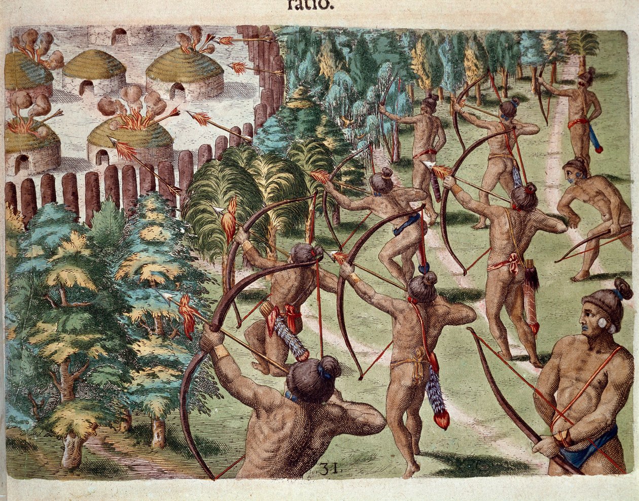 Amerika története: „”Egy indián törzs éjszaka megtámad egy falut Floridában”” Metszet Theodore de Bry (1528-1598) „” Admirante Narratio Americae” című könyvéből alkotó: Theodore de Bry