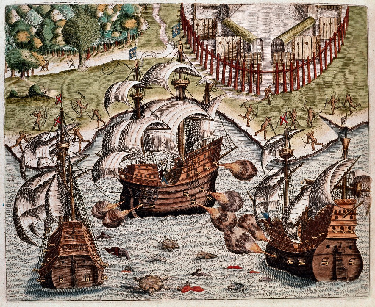 Amerika története: "" Csata a portugál flották és a francia flották között Brazília partjainál a Potiguarai-tengeren"" Hans Staden német felfedező, aki a spanyol flottákkal együtt indult Brazíliába, a Tupinamba által elfogott német felfedező útjainak felol alkotó: Theodore de Bry