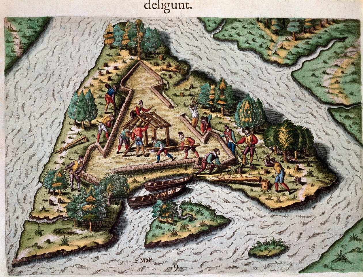 Amerika története: „” Háromszög alakú erőd építése Jean Ribault (vagy Ribaud) francia serege által a floridai St. John folyó közelében”” Metszet az „Admirante Narratio Americae” (Amerika története) című könyvből, Theodore de Bry (1528-1598) alkotó: Theodore de Bry
