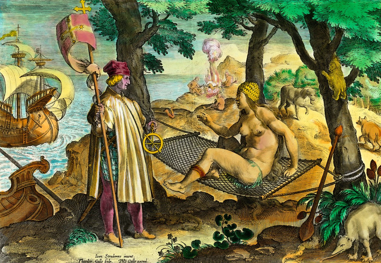 Amerika története: Amerigo Vespucci olasz navigátor első érintkezése Amerika indiánjaival alkotó: Theodore de Bry