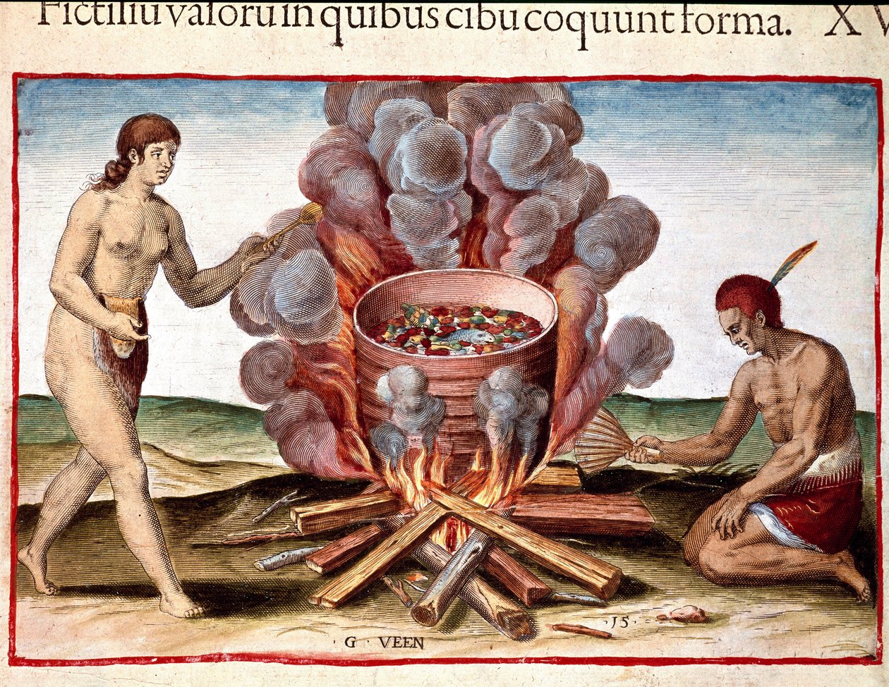 Amerika története: Theodore de Bry (1528-1598) „Admirante Narratio Americae” metszete: „Indián főzőhal” alkotó: Theodore de Bry