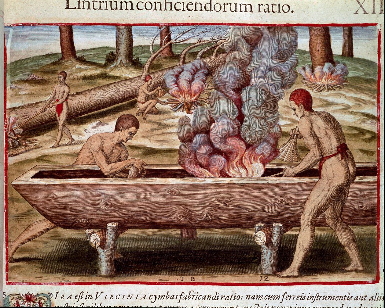 Amerika története: „Az indiánok hajókat építenek” Theodore de Bry (1528-1598) „Admirante Narratio Americae” című metszete alkotó: Theodore de Bry