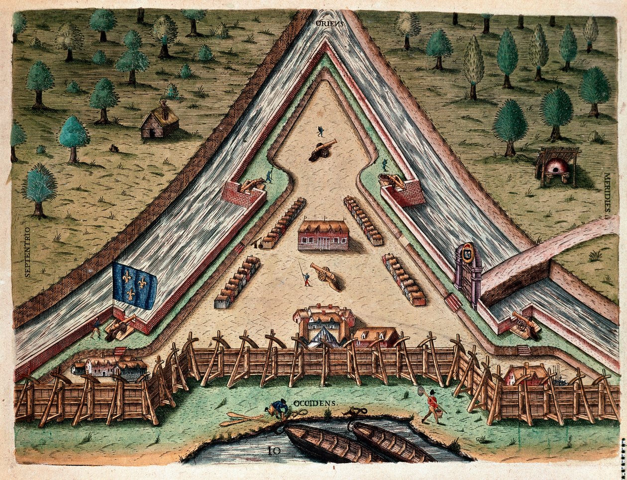 Amerika története: „Fort Carolina élete, Carolina bástyája” „Metszet az „Admirante Narratio Americae”-ból”, Theodore de Bry (1528-1598) Jacques le Moyne (de Morgues) (1533-1588) rajza alapján alkotó: Theodore de Bry