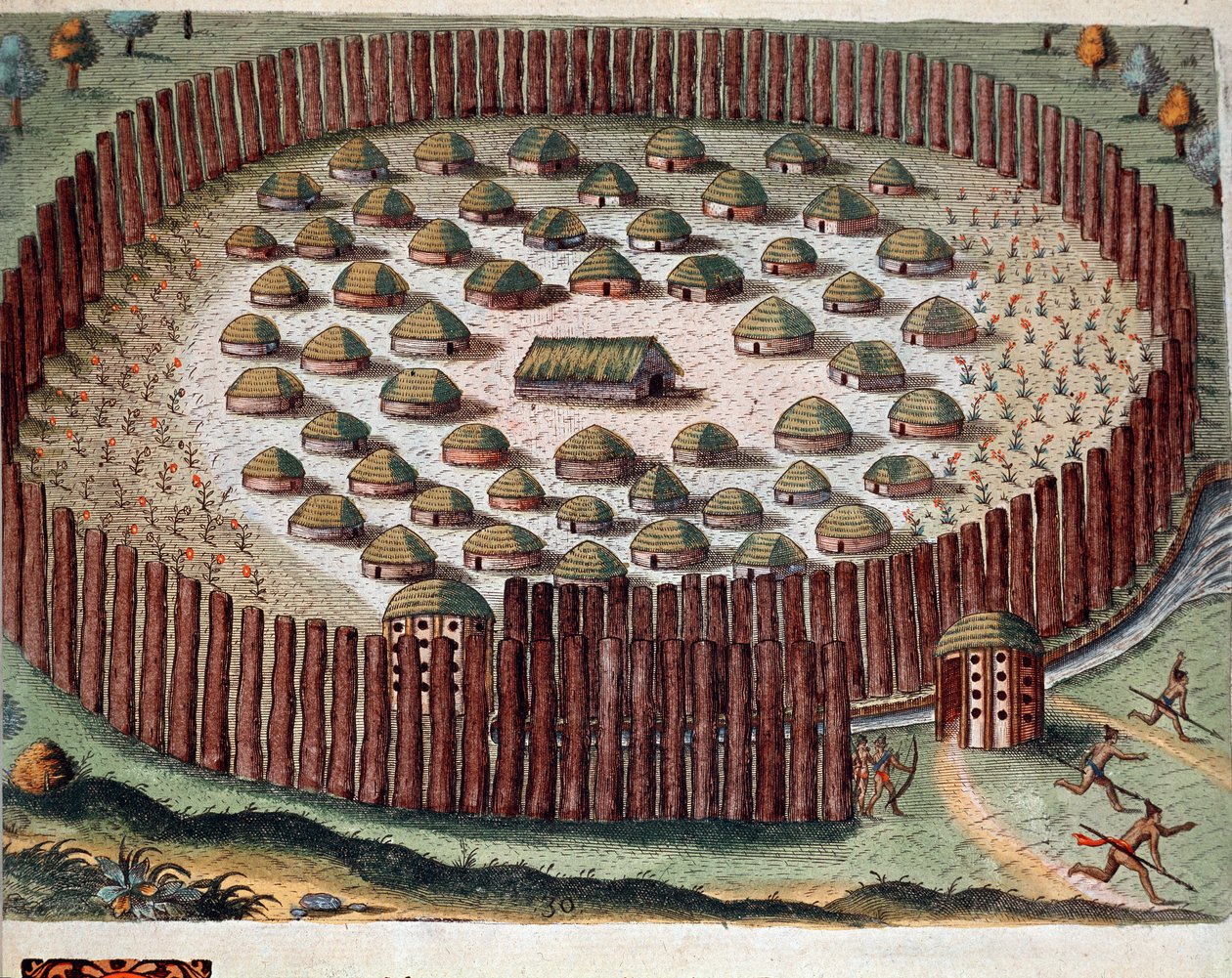 Amerika története: „” Egy indián falu ábrázolása megerősített Floridában”” Metszet az „Admirante Narratio Americae” című könyvből, Theodore de Bry (1528-1598) alkotó: Theodore de Bry