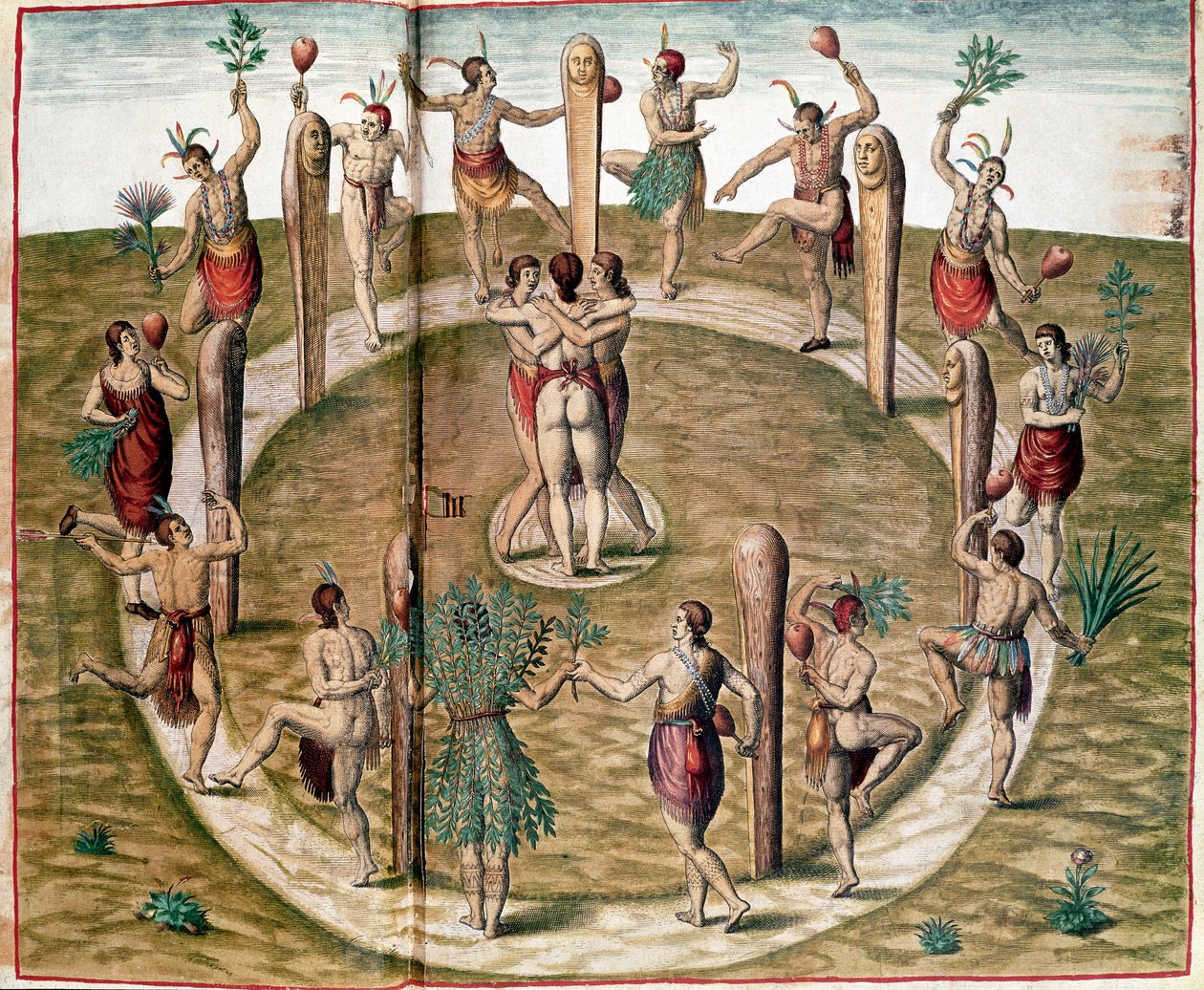 Amerika története: „Rituális tánc a barátság ünneplésére” Theodore de Bry (1528-1598) metszete. 16. századi Vincennes, a Haditengerészet Történeti Múzeuma alkotó: Theodore de Bry
