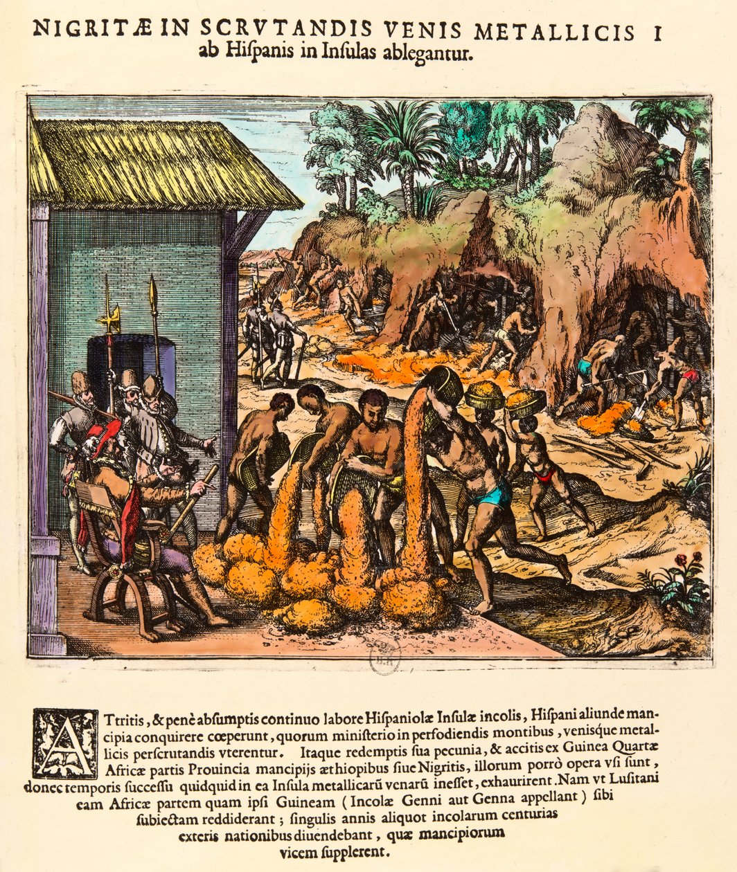 Amerika története: A spanyolok aranybányákat zsákmányolnak. Az indiánok a telepesek szeme láttára dolgoznak. Theodore de Bry (1528-1598) metszete. 16. századi Magángyűjtemény alkotó: Theodore de Bry