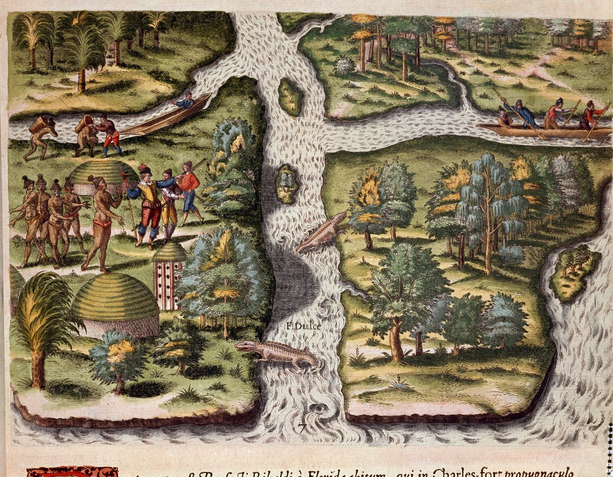 Amerika története: „” A Charlesfortban (Fort Carolina) letelepedett Jean Ribault (vagy Ribaut) expedíció franciái táplálékkal látják el a floridai indiánokat, az aligátorok képviseltetik magukat a folyókban””” Metszet az „Admirante Narratio Americae”-ből”  alkotó: Theodore de Bry
