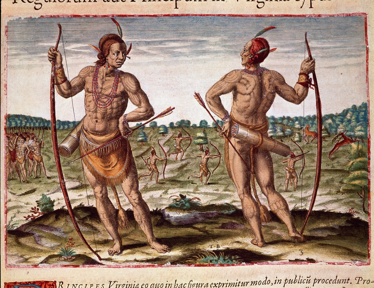 Amerika története: "" Virginia két lakosa, indián nyilak és íjfegyverek"" Theodore de Bry (1528-1598) "" Admirante Narratio Americae" című metszete alkotó: Theodore de Bry