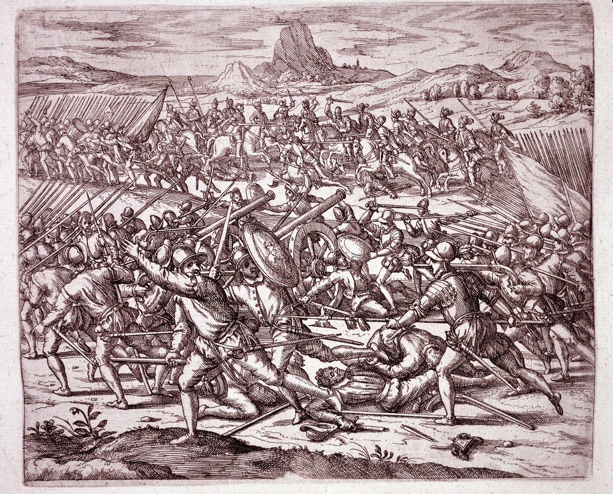 Amerika története: harcok Vaca de Castro és Almagro junior serege között Francisco Pizarro és Diego de Almagro halála után (metszet alkotó: Theodore de Bry