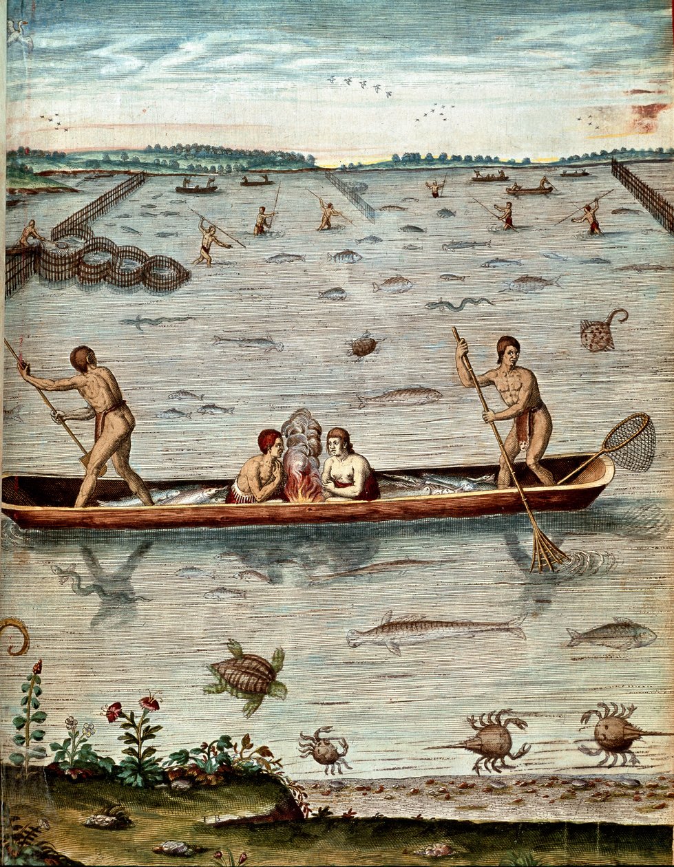 Amerika története: „” horgászat Virginia lakosai között”” Teknősök, rákok és különféle halfajták vizében. Theodore de Bry (1528-1598) „Admirante Narratio Americae” című metszete alkotó: Theodore de Bry